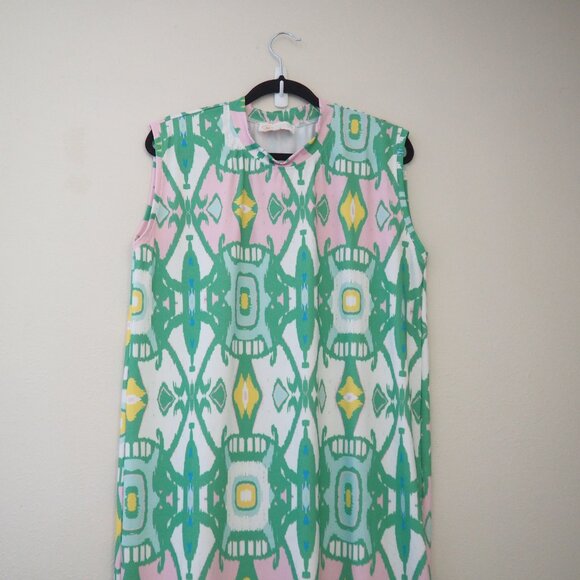 Sheridan French Callie Green Yellow Pink Ikat Sleeveless Maxi Dress sz M - Picture 3 of 6
